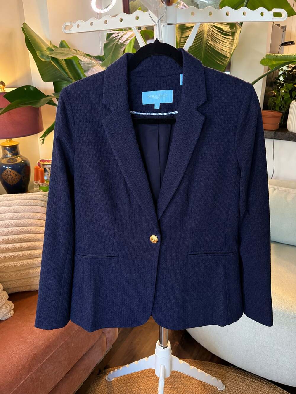 Draper James RSVP Navy Blue Textured Waffle Weave Gold Button Blazer Size Small